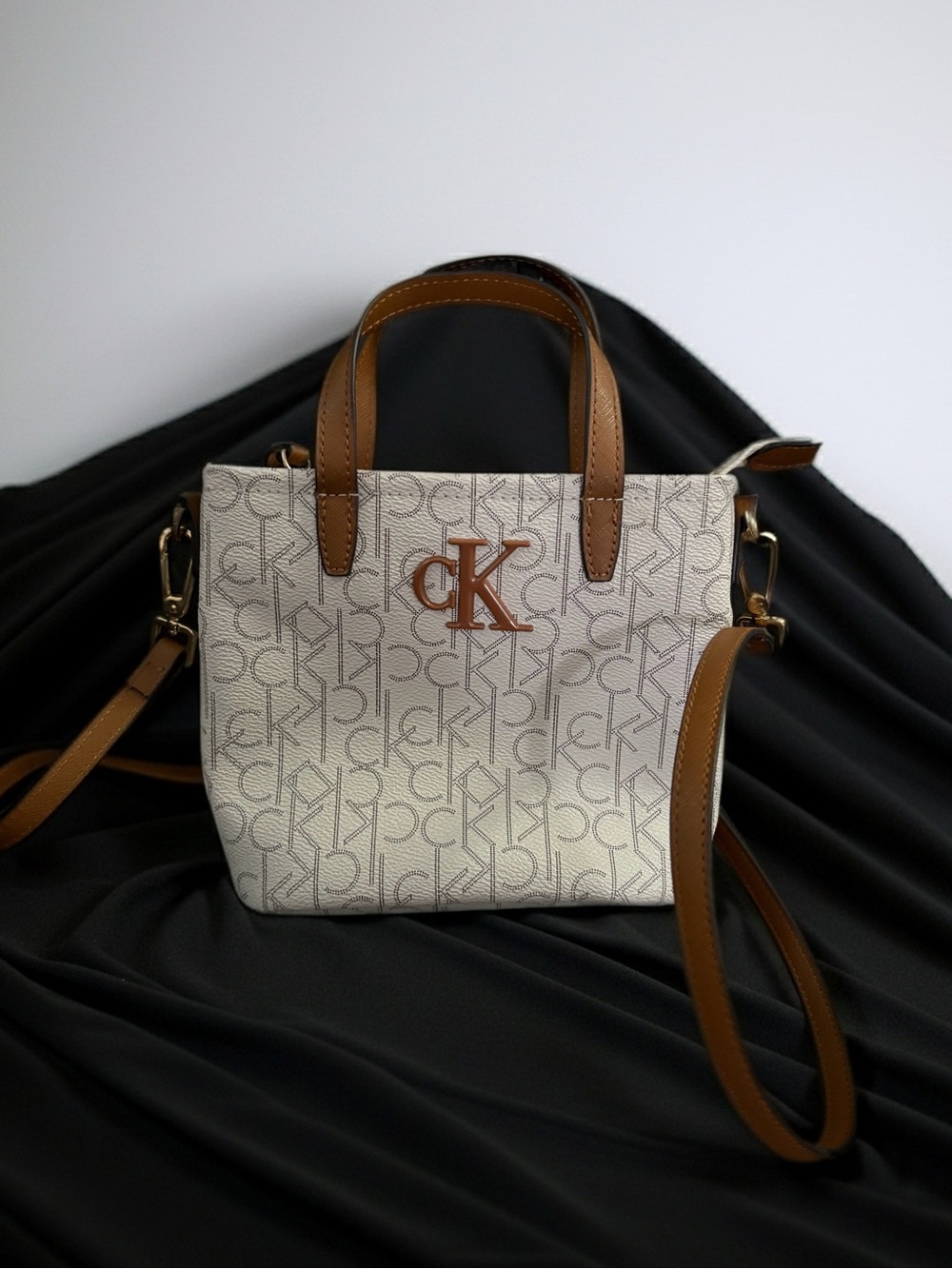 Calvin Klein White Signature Crossbody with Tan Trim